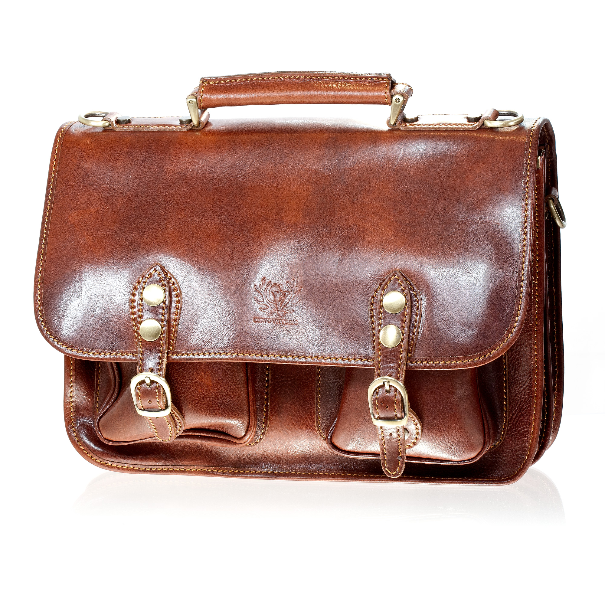 Cervo Vittorio Leather Messenger Bag, Cognac